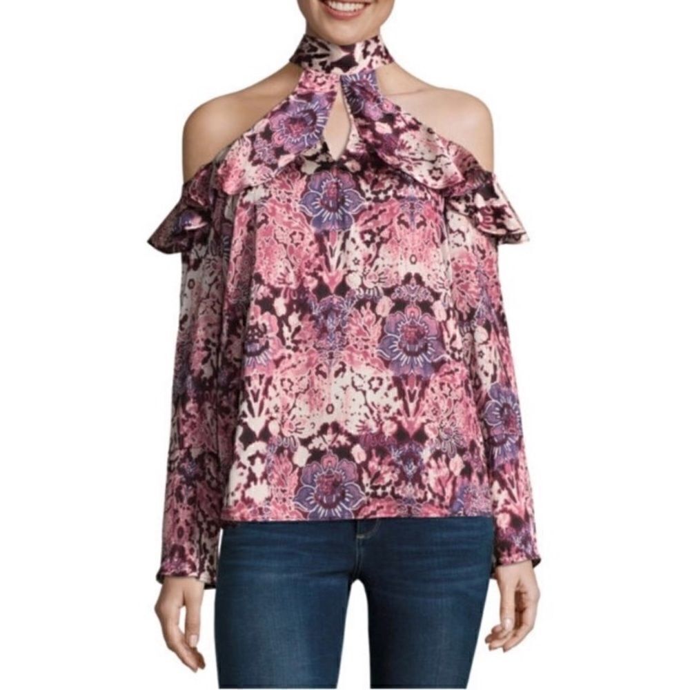 Pink Floral Cold Shoulder RuffleTop